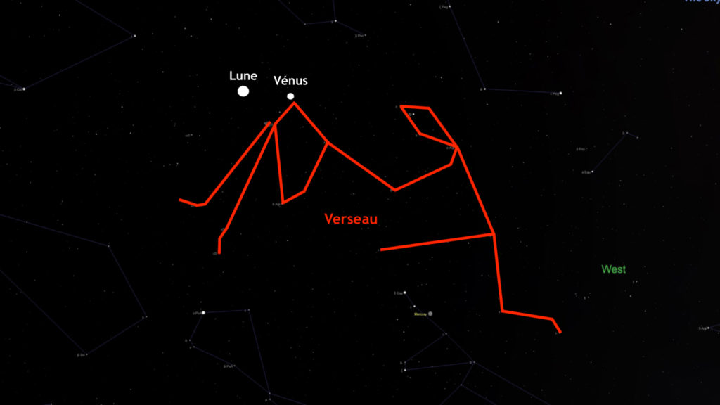 La conjonction a lieu dans la constellation du Verseau. // Source : Capture d'écran The Sky Live, annotations Numerama