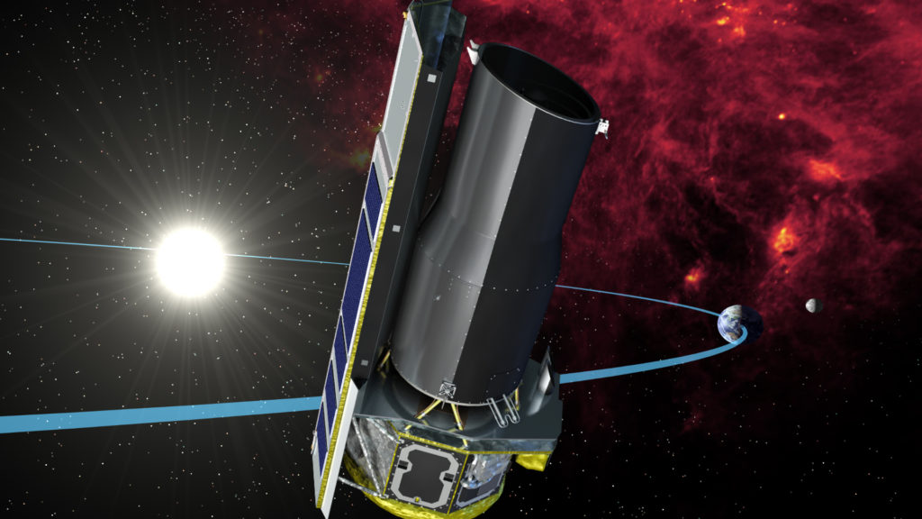 The Spitzer telescope, artist's impression.  // Source: Wikimedia/CC/NASA/JPL-Caltech (cropped photo)