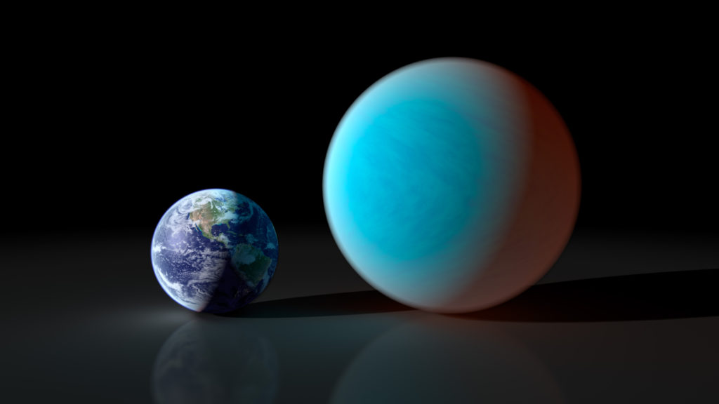 La taille de la Terre comparée à celle de la super-Terre 55 Cancri e. // Source : Wikimedia/CC/NASA/JPL-Caltech/R. Hurt (SSC) (photo recadrée)