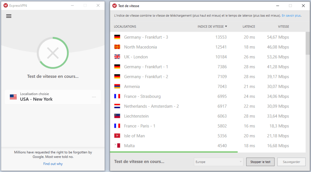 ExpressVPN permet de réaliser un speedtest de ses différe,ts serveurs pour trouver le plus rapide en fonction de ses besoins.