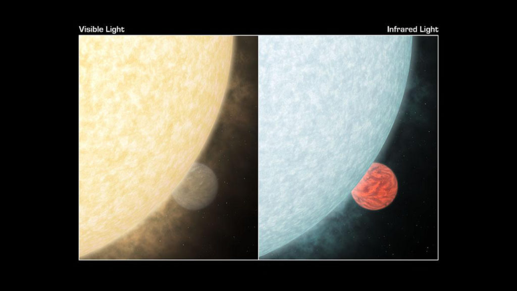 La planète TrES-1 en lumière visible et en lumière infrarouge. // Source : Wikimedia/CC/R. Hurt (SSC), Nasa/JPL-Caltech (photo recadrée)