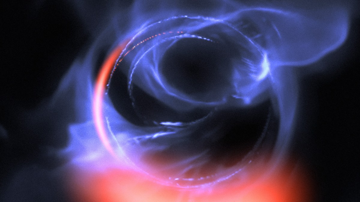 Une visualisation de la matière en orbite autour d'un trou noir. // Source : ESO/Gravity Consortium/L. Calçada (photo recadrée)