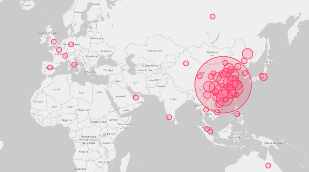Carte des personnes infectées au 11 février 2020. // Source : coronavirus.app