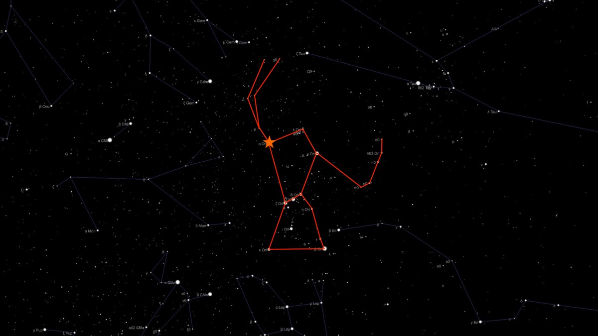 La position de Bételgeuse dans la constellation d'Orion. // Source : Capture d'écran The Sky Live, annotations Numerama