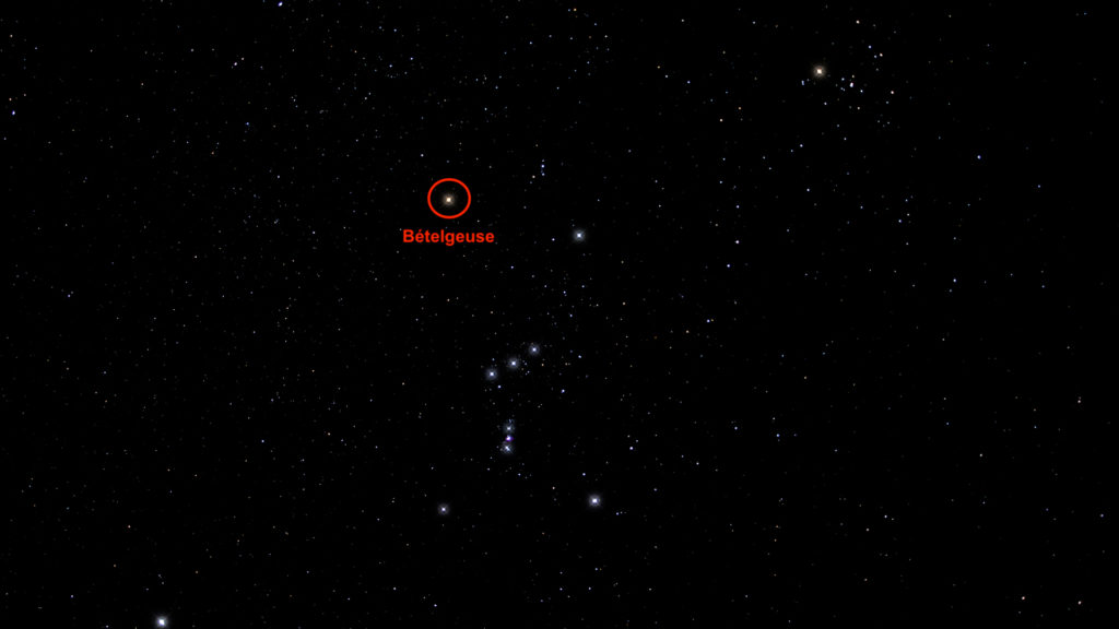 La position de Bételgeuse dans la constellation d'Orion. // Source : Flickr/CC/1CM69 (photo recadrée et annotée)