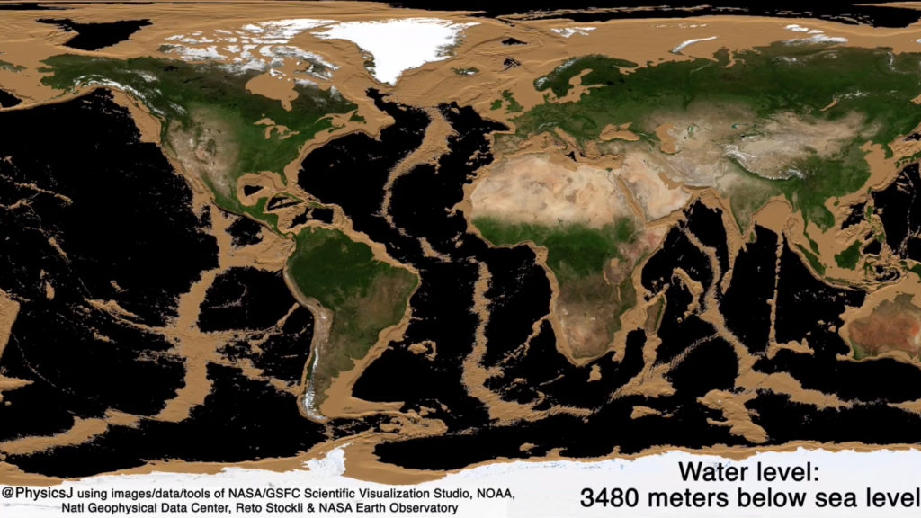 Les terres émergées si le niveau des mers baissait de 3480 mètres. // Source : Capture d'écran YouTube Dr James O'Donoghue