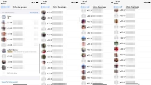Capture d'écran de numéros de téléphones d'une conversation avec plus de 200 numéros