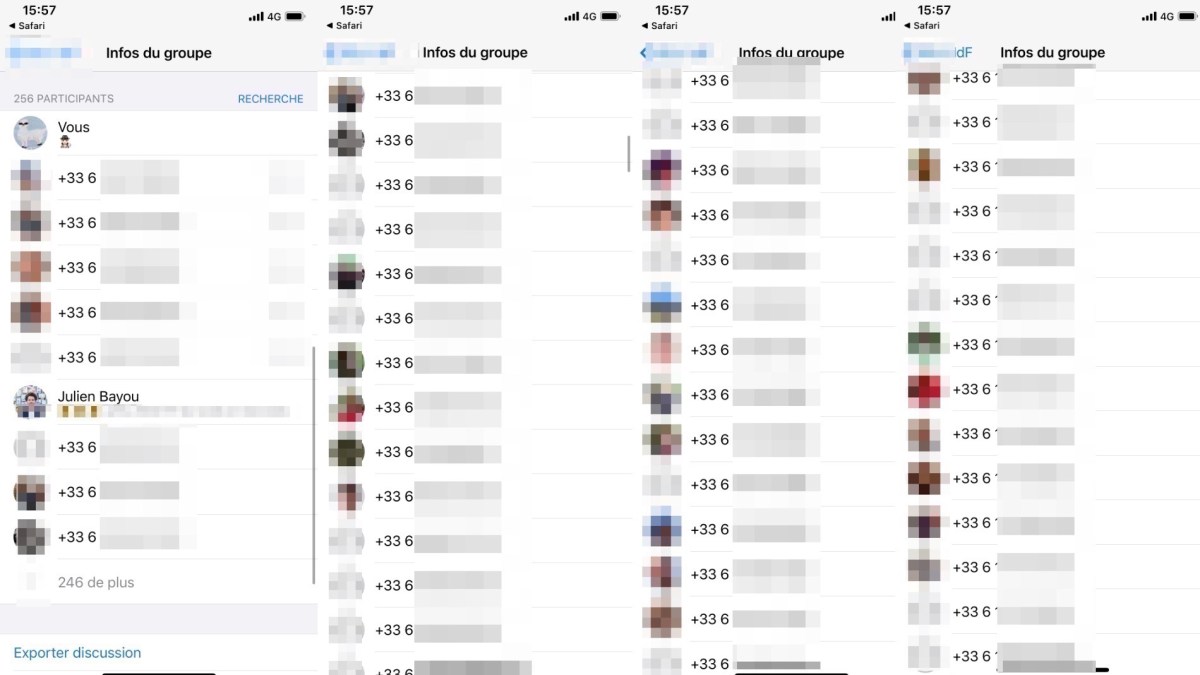 Capture d'écran de numéros de téléphones d'une conversation avec plus de 200 numéros