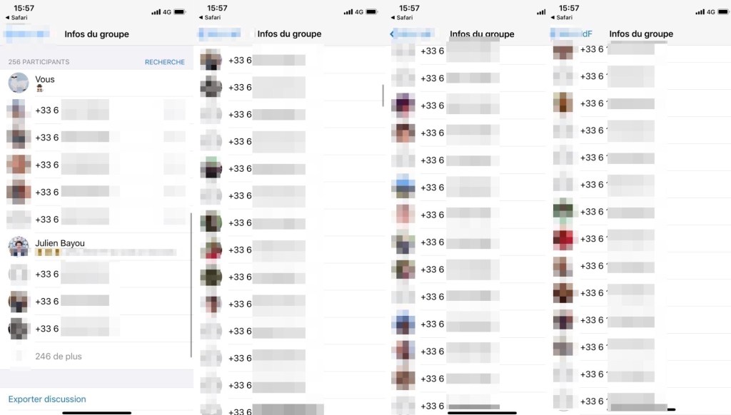 Capture d'écran de numéros de téléphones d'une conversation avec plus de 200 numéros