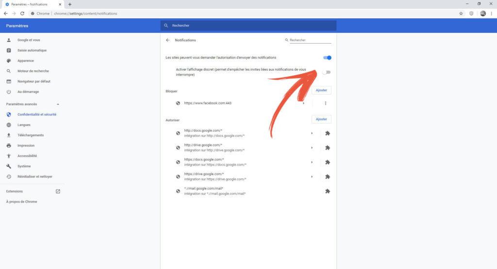 Google Chrome activation notifications discrètes