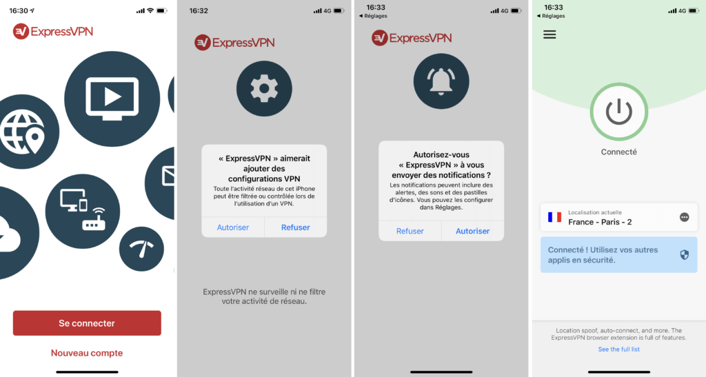 Sur iPhone et iPad, iOS demande plusieurs autorisation avant que l'application ExpressVPN puisse être utilisable.