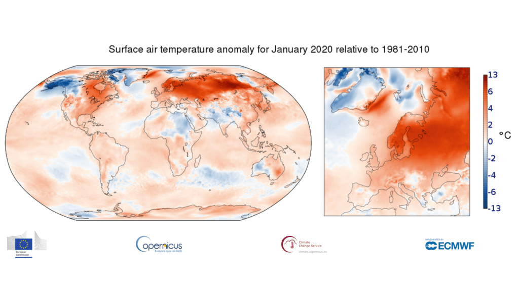 Plus la zone est colorée en rouge, plus il y a un décalage haut par rapport à la moyenne 1981-2010. // Source : Climate Change Service