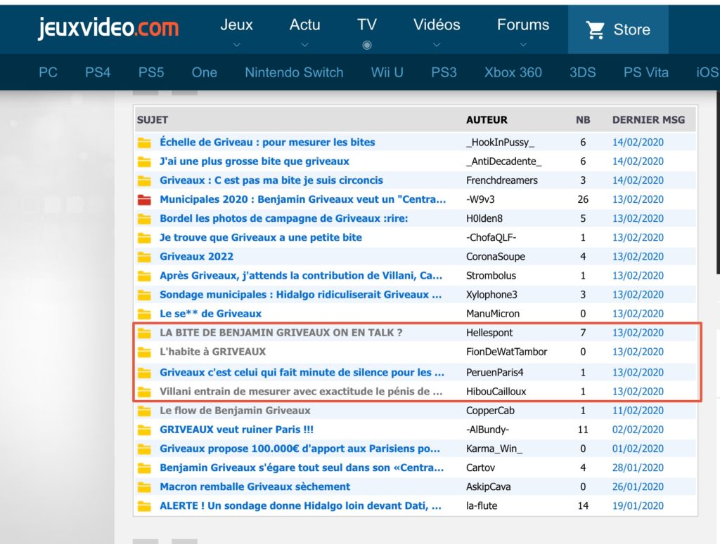 Les topics (non supprimés) sur Benjamin Griveaux sur le 18-25 de jeuxvideo.com