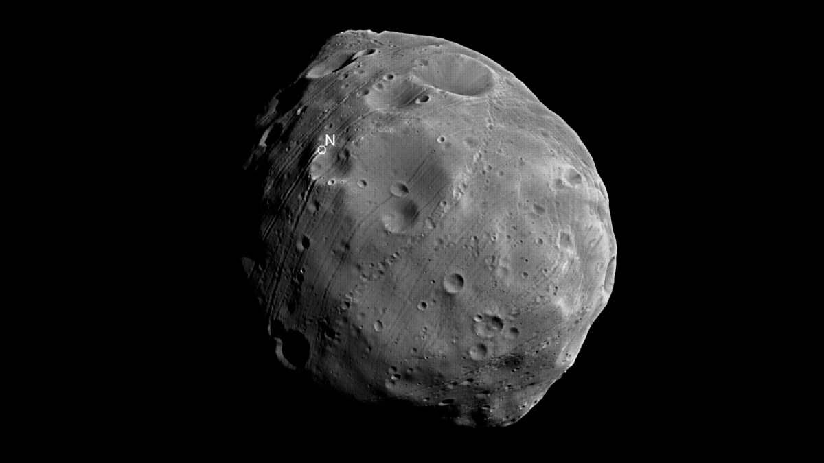 Phobos, une lune de Mars. // Source : Wikimedia/CC/ESA/DLR/FU Berlin (G. Neukum),CC BY-SA 3.0 IGO (photo recadrée et modifiée)