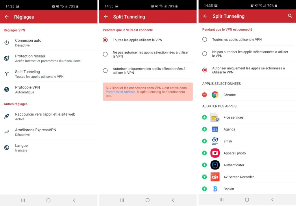 Pour activer l’option split tunneling, il faut passer par le menu hamburger en haut à gauche de l’application ExpressVPN, puis aller dans « Réglages » puis dans « Split Tunneling ». Tout est ensuite parfaitement expliqué en français (ce qui est rare sur une application VPN).