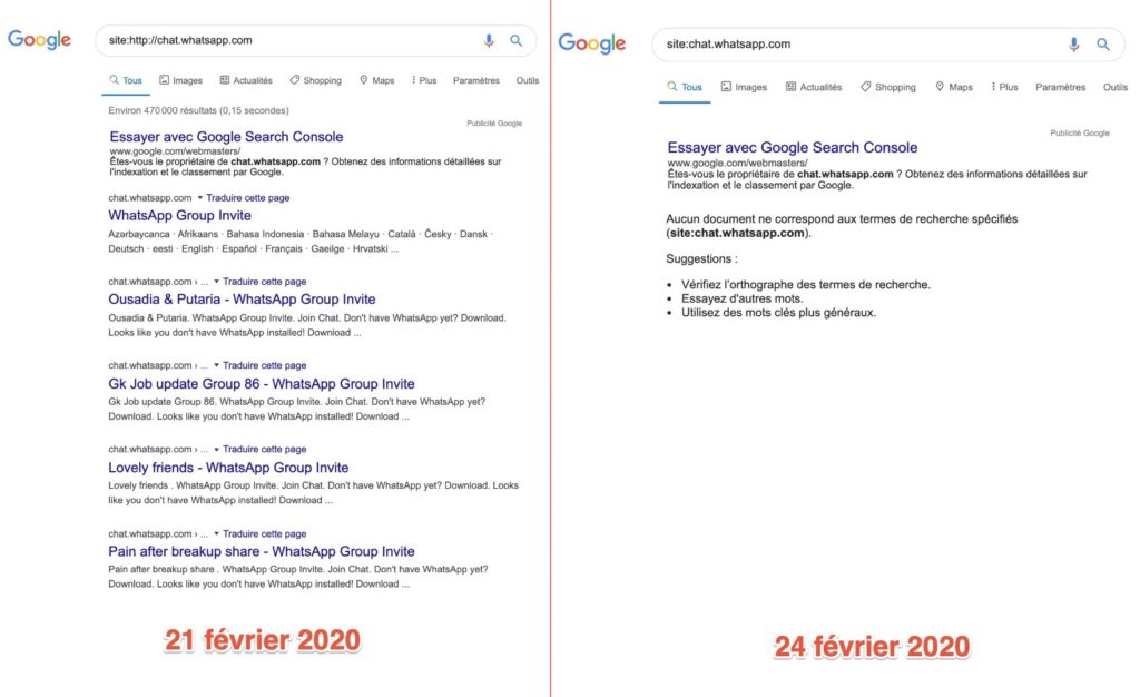 Comparaison des recherches Google le 21 et 24 février 2020