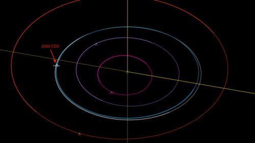 La position de 2020 CD3 dans le système solaire. // Source : Capture d'écran JPL Small-Body Database Browser (annotation Numerama)