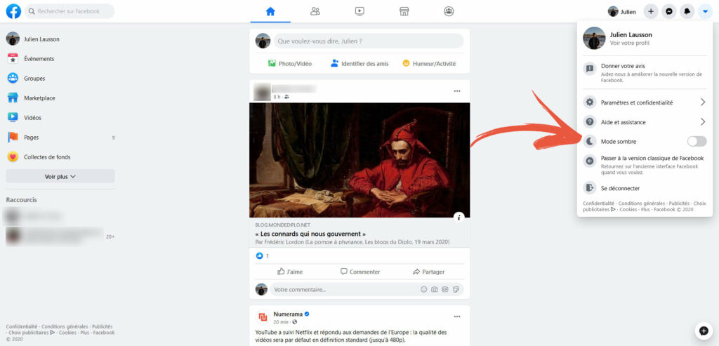 Activation mode sombre Facebook Activation mode sombre Facebook