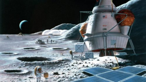 Vue d'artiste d'une base lunaire. // Source : Wikimedia/CC/NASA/SAIC/Pat Rawlings (photo recadrée)