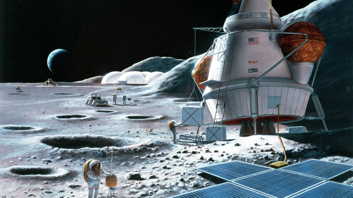 Vue d'artiste d'une base lunaire. // Source : Wikimedia/CC/NASA/SAIC/Pat Rawlings (photo recadrée)