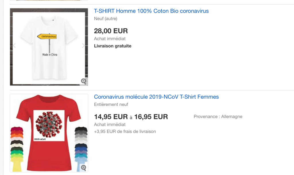 Recherche "coronavirus" sur ebay le 5 mars 2020 // Source : Ebay