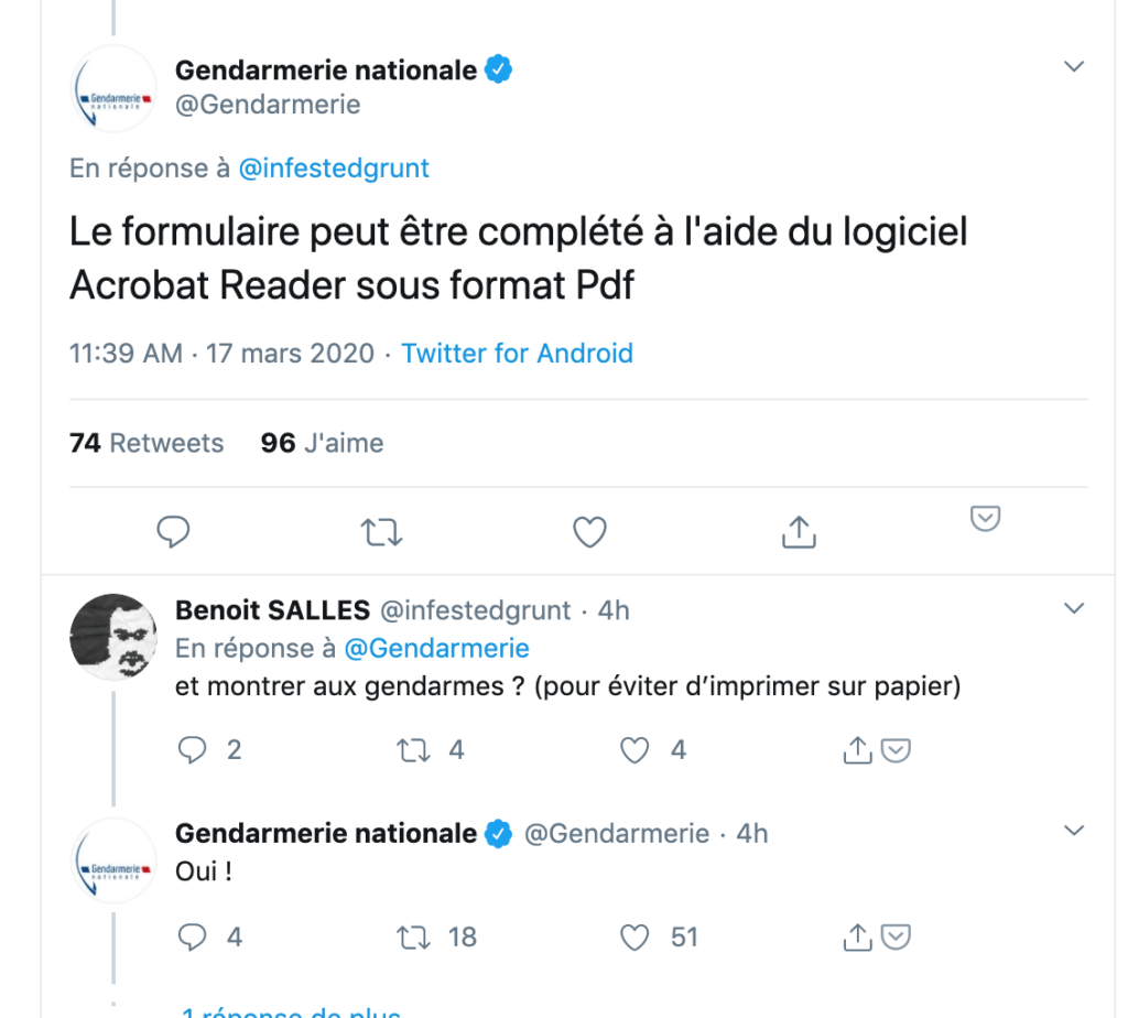 La gendarmerie nationale confirme qu'une attestation virtuelle sur smartphone est suffisante // Source : Twitter/Gendarmerie nationale