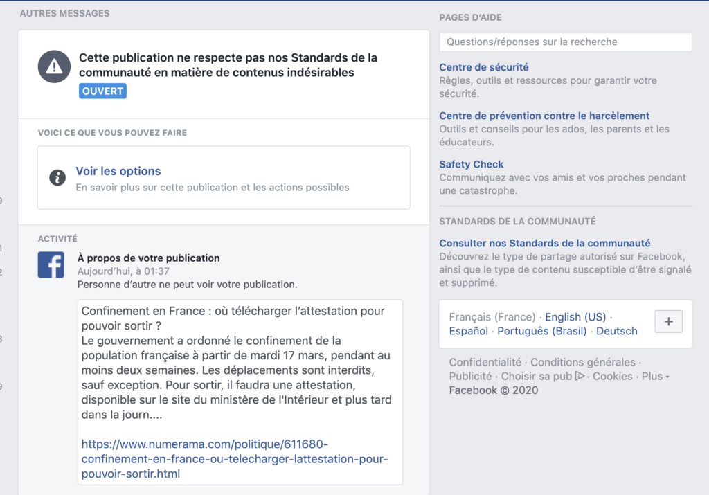 Des notifications Facebook le 18 mars 2020