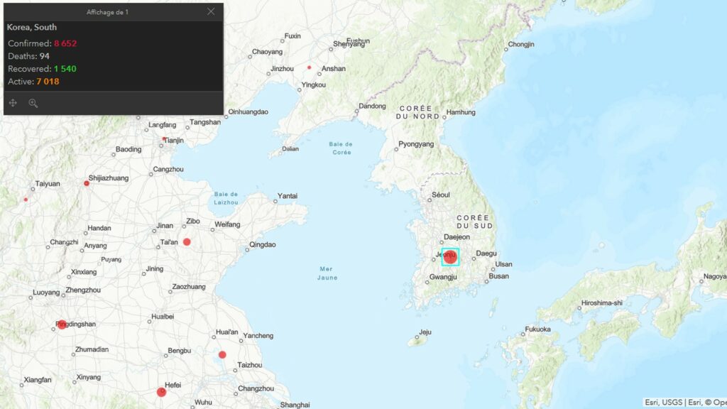 Données pour la Corée du Sud au 20 mars 2020. // Source : Johns-Hopkins University Données pour la Corée du Sud au 20 mars 2020. // Source : Johns-Hopkins University