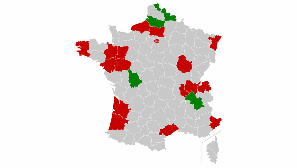 Carte faiblement informative, qui illustre l'article "Épidémie de maladie à coronavirus de 2020 en France" sur Wikipedia // Source : Wikipedia