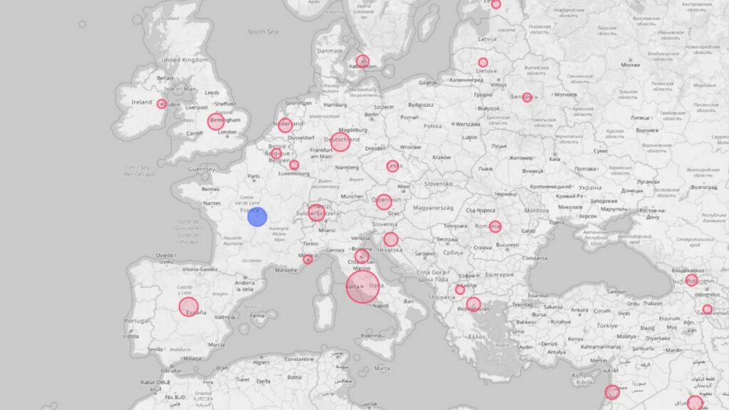 Carte par cercles proportionnels, zoomée sur l'Europe. // Source : Coronavirus.app