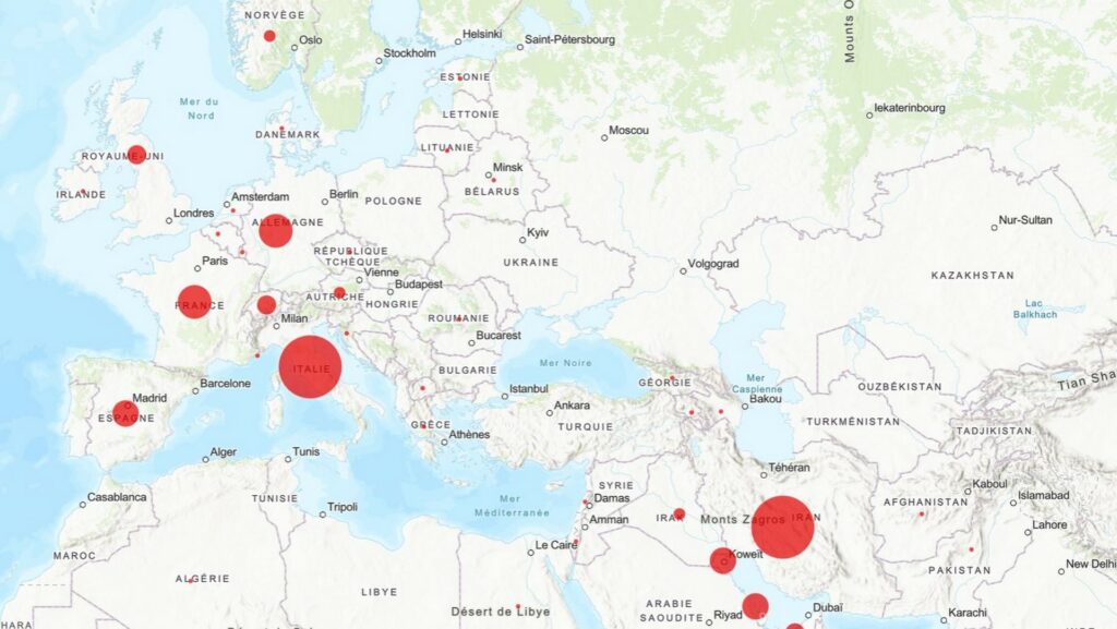 Carte de la propagation du coronavirus, zoomée sur l'Europe (2 mars 2020). // Source : Johns Hopkins
