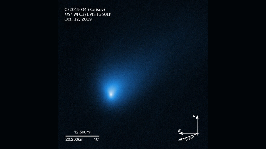 La comète interstellaire Borisov observée en octobre dernier. // Source : Wikimedia/CC/NASA, ESA, and D. Jewitt (University of California, Los Angeles) (photo recadrée)