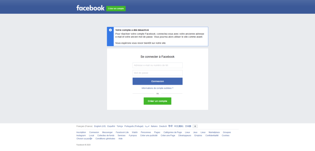 Le message que renvoie Facebook quand un compte vient d'être désactivé. Le message que renvoie Facebook quand un compte vient d'être désactivé.