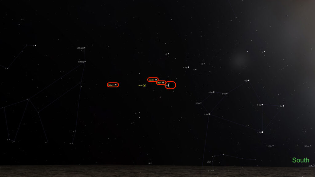 Le quatuor entre la Lune, Mars, Jupiter et Saturne le 18 mars 2020 à 6h. // Source : Capture d'écran The Sky Live, annotations Numerama Le quatuor entre la Lune, Mars, Jupiter et Saturne le 18 mars 2020 à 6h. // Source : Capture d'écran The Sky Live, annotations Numerama