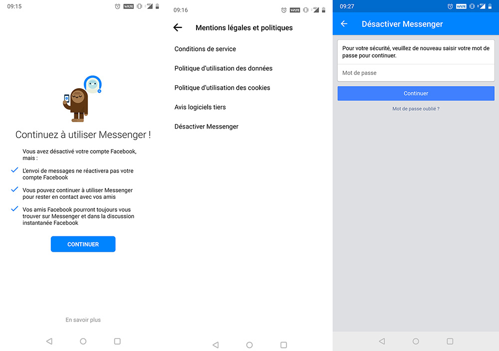 Quelques écrans à passer pour désactiver Messenger.