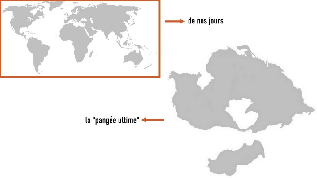 Comparaison entre la carte du monde actuelle et ce à quoi ressemblerait la pangée ultime. // Source : Numerama