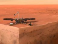 Vue d'artiste d'InSight sur Mars. // Source : IPGP/Nicolas Sarter (photo recadrée)