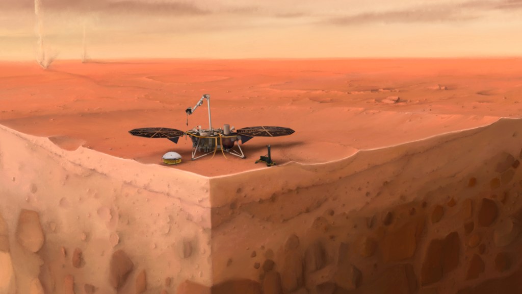 Vue d'artiste d'InSight sur Mars. // Source : IPGP/Nicolas Sarter (photo recadrée)
