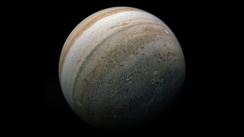Jupiter observée par Juno le 17 février 2020. // Source : NASA/JPL-Caltech/SwRI/MSSS (photo recadrée)