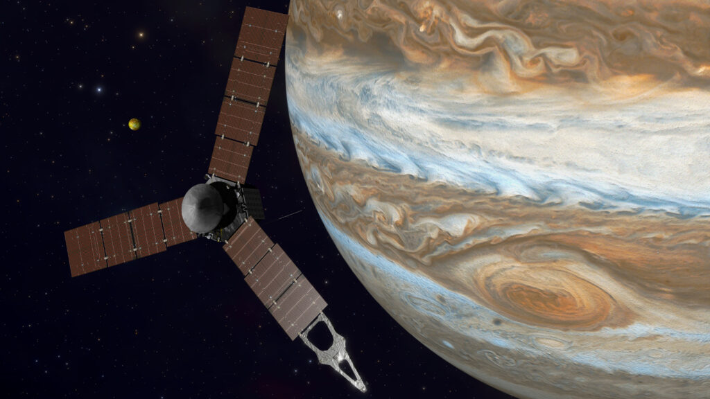 Vue d'artiste de Juno approchant Jupiter. // Source : Flickr/CC/Kevin Gill (photo recadrée) Vue d'artiste de Juno approchant Jupiter. // Source : Flickr/CC/Kevin Gill (photo recadrée)
