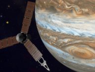 Vue d'artiste de Juno approchant Jupiter. // Source : Flickr/CC/Kevin Gill (photo recadrée)