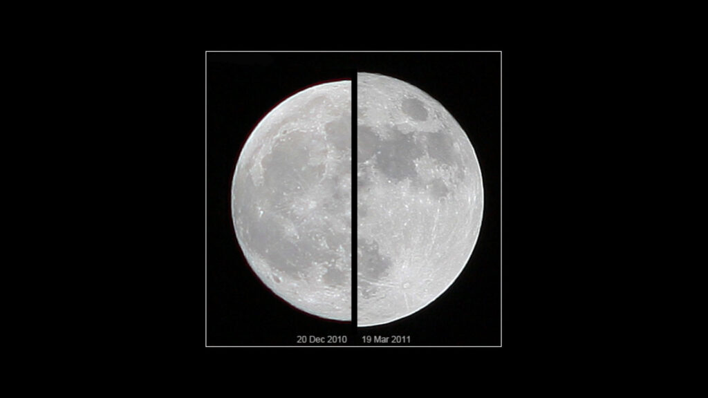 La variation du diamètre apparent de la Lune. // Source : Wikimedia/CC/Marcoaliaslama (photo recadrée)