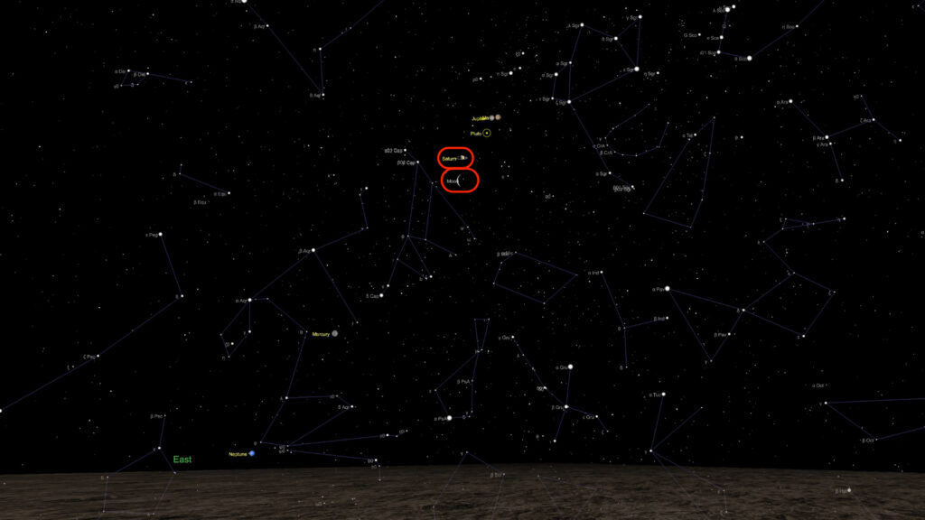 Le rapprochement entre la Lune et Saturne le 19 mars 2020 à 6h30. // Source : Capture d'écran The Sky Live, annotations Numerama