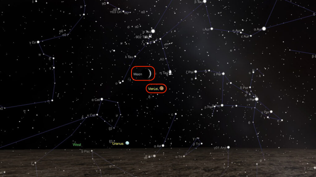 Vénus et la Lune le 28 mars à 20h45. // Source : Capture d'écran The Sky Live, annotations Numerama