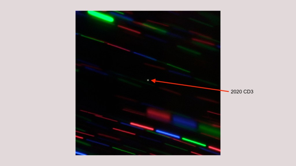 L'image de 2020 CD3. // Source : The international Gemini Observatory/NSF’s National Optical-Infrared Astronomy Research Laboratory/AURA (photo modifiée, annotations Numerama)