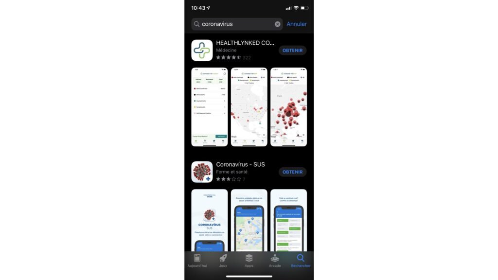 Applications coronavirus sur l'App Store // Source : Capture App Store Applications coronavirus sur l'App Store // Source : Capture App Store