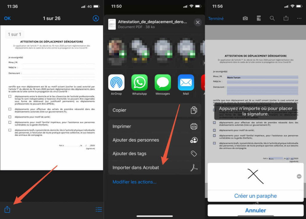 Remplir l'attestation sur iOS via Acrobat