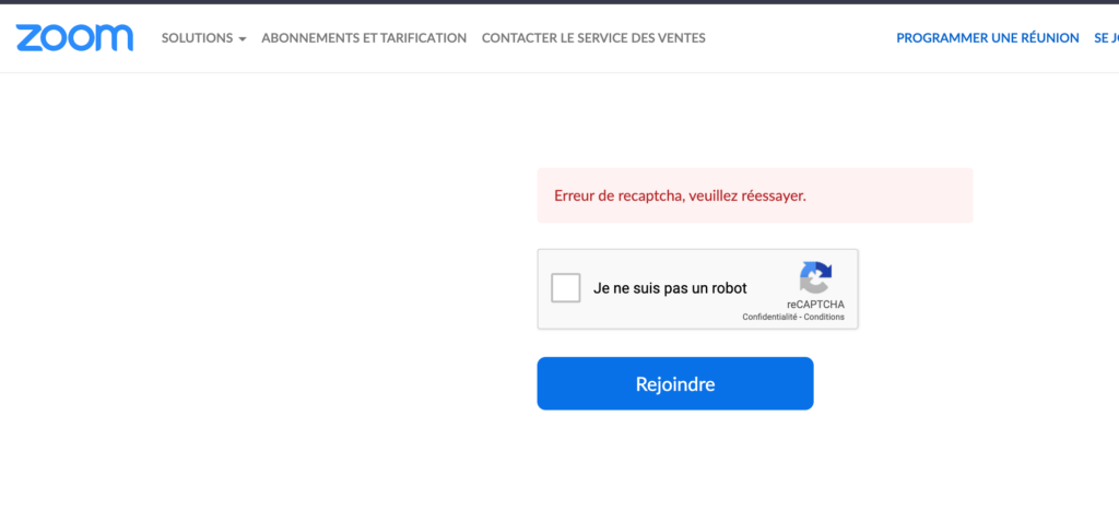 Une CAPTCHA s'affiche après une dizaine de tentatives // Source : zoom