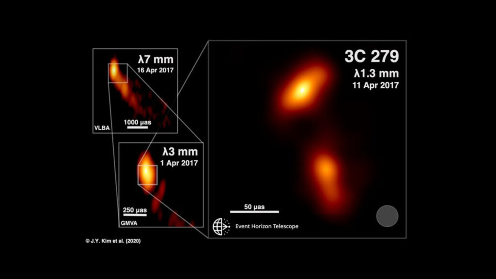 Les images du jet émis par le quasar 3C 279. // Source : J.Y. Kim (MPIfR), Boston University Blazar program, and the EHT Collaboration. (photo recadrée)