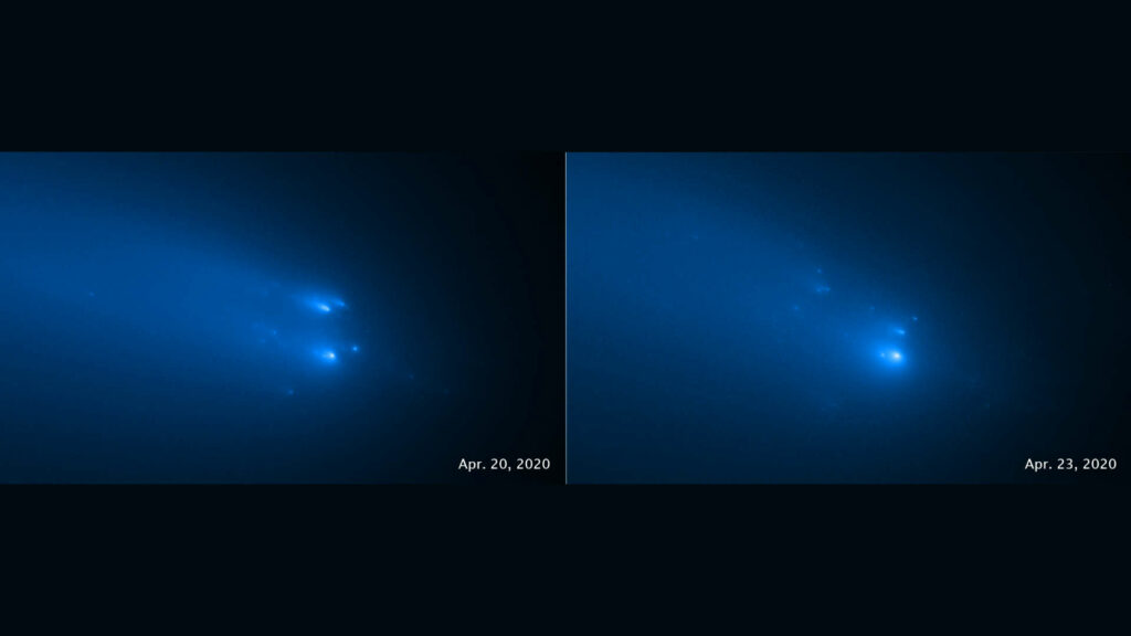 Hubble a photographié la comète les 20 et 23 avril 2020. // Source : NASA, ESA, STScI and D. Jewitt (UCLA) (photo recadrée)